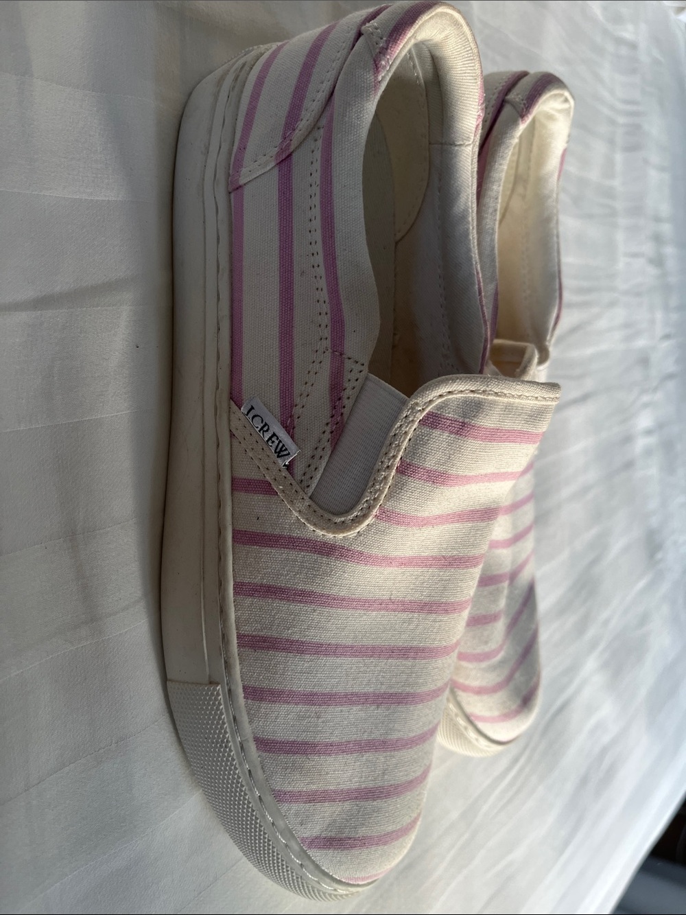 J. Crew Ivory and Light Pink Striped Canvas Slip-Ons